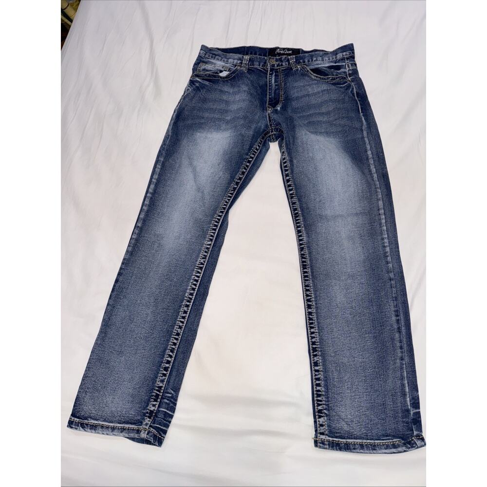 True Luck Straight Leg Jeans Dark Wash Denim Men's Size 34x30 Thick Stitch EUC